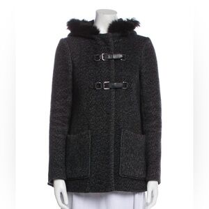 MAJE Fur Wool Grey Black Leather Hoodie Coat Size M